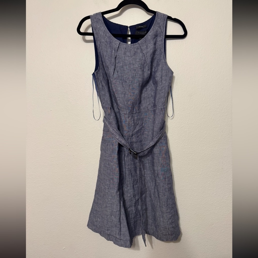 Tahari Blue 100% linen Chambray Sleeveless Dress Size 6 NWT